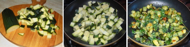 Lavate e pulite le zucchine, quindi tagliatele a dadini della stessa misura. In una padella scaldate un paio di cucchiai di olio e fatevi cuocere le zucchine a fuoco medio fino a che non si doreranno e saranno morbide. Una volta cotte, spegnete il fuoco, salate e aromatizzate con abbondante basilico.