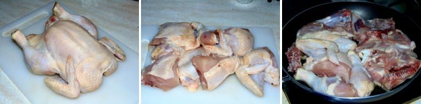 Lavate e asciugate il pollo, quindi tagliatelo in pezzi pressappoco della stessa grandezza e rosolatelo in una padella con poco olio fino a che non sarà dorato.