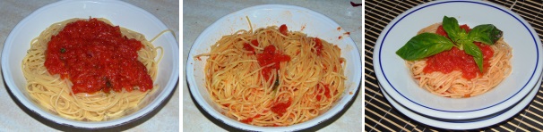 Cuocete la pasta in acqua salata e scolatela al dente, dunque mettetela in una ciotola e conditela con abbondante sugo, mescolatela e servitela calda con dell’altro sugo e il restante basilico fresco.