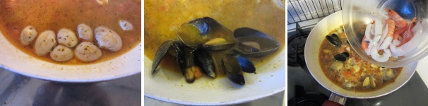 Aggiungete all’olio e al peperoncino le vongole con un po’ di acqua salata e fatele aprire al fuoco lento. Aggiungete le cozze e lasciate aprire anche queste. Se la salsa è poco liquida, aggiungete un po’ di pomodorini tagliati a cubetti. Aggiungete i calamari con i gamberi e dopo 10 minuti anche il polpo tagliato finemente.