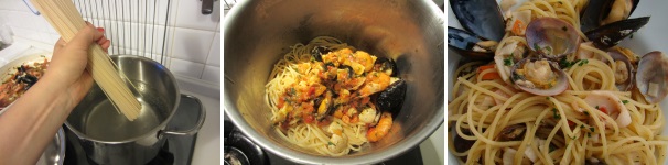 Fate cuocere gli spaghetti in acqua salata. Scolate la pasta molto al dente (3 minuti prima del termine della cottura) e aggiungetela al sugo. Lasciate cuocere il tutto 1-2 minuti a fuoco basso, mescolando accuratamente. Servite subito con del prezzemolo tritato e un filo di olio extravergine di oliva.