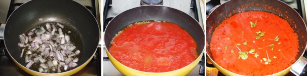 Preparate il sugo rosolando la cipolla in qualche cucchiaio di olio, unitevi la passata di pomodoro, salate e lasciate cuocere a fuoco moderato per una ventina di minuti. Appena pronto unite il basilico ben lavato e togliete dal fuoco.