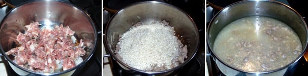 In un tegame dai bordi alti, scaldate un filo d’olio e cuocetevi la pasta di salsiccia, unitevi il riso e tostatelo, quindi unitevi qualche mestolo di acqua calda, infine salate.