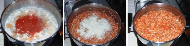 Non appena il riso giungerà a metà della sua cottura iniziate ad unire il pomodoro, lasciandone da parte qualche cucchiaio da utilizzare in seguito. Portate il riso a cottura, dopodiché mantecate con 60 grammi di grana.
