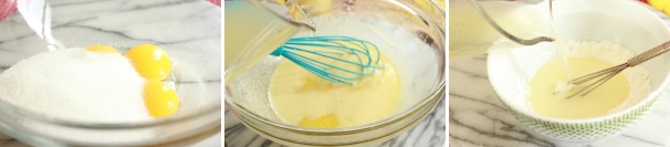 Per preparare la crema al limone in una ciotola mettete i tre tuorli con 100 grammi di zucchero semolato e mescolate con metà del succo di quattro limoni. Unite 80 ml di acqua al resto del succo dei limoni e aggiungetela alla maizena mescolando con una frusta.