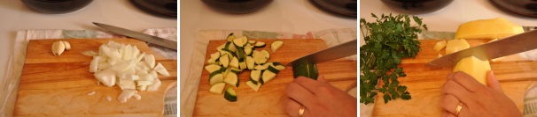 Preparate l’aglio e la cipolla, tagliando quest’ultima a rondelle. Lavate e tagliate le zucchine e le patate.