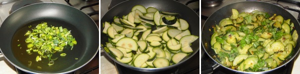 In una padella scaldate l’olio con il porro tritato e unitevi le zucchine tagliate prima a metà e dopo a mezzaluna, salate e lasciatele cuocere per 15 minuti con l’aiuto di un coperchio. Appena le zucchine saranno pronte unitevi il basilico lavato e tritato.