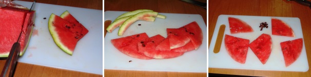 Tagliate l’anguria dal lato corto in fette sottili, quindi pulitele dalla buccia ed anche dai semini. Tagliate l’anguria dal lato corto in fette sottili, quindi pulitele dalla buccia ed anche dai semini.