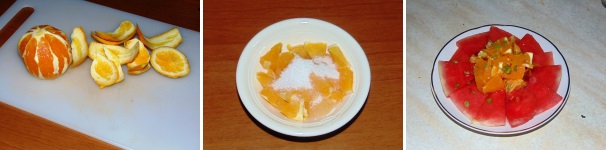 Pelate l’arancia avendo cura di eliminare ogni parte bianca, tagliatela a dadini e ponetele in una ciotola. Aggiungetevi la vodka e lo zucchero e lasciate qualche minuto a macerare, almeno fino a che lo zucchero non si sarà sciolto. Sistemate le arancia sopra l’anguria, irroratela con il succo e la vokda e cospargete con il coriandolo. A questo punto il dessert è pronto da servire, preferibilmente ben fresco. Pelate l’arancia avendo cura di eliminare ogni parte bianca, tagliatela a dadini e ponetele in una ciotola. Aggiungetevi la vodka e lo zucchero e lasciate qualche minuto a macerare, almeno fino a che lo zucchero non si sarà sciolto. Sistemate le arancia sopra l’anguria, irroratela con il succo e la vokda e cospargete con il coriandolo. A questo punto il dessert è pronto da servire, preferibilmente ben fresco.