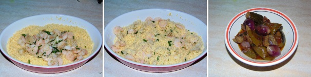 Amalgamate bene i gamberi al cous cous, trasferite anche le verdure in una scodellina e servite: adagiate il cous cous sul fondo del piatto e sopra sistemate le verdure con il loro fondo di cottura.