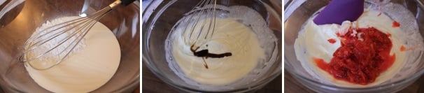 Montate la panna con lo zucchero e la vaniglia, incorporate grossolanamente le fragole schiacciate accertandovi di non mettere il succo che avranno rilasciato.