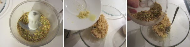 Tritate i pistacchi finemente. Aggiungete al cous cous lo zenzero grattugiato e i pistacchi.