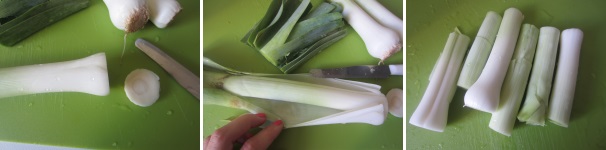 Lavate il porro, tagliate le estremità e lasciate massimo 1 cm di parte verde. Fate un taglio lungo il porro e togliete le prime due foglie. Lavate nuovamente i porri sotto l’acqua corrente per eliminare eventuali residui di terra e tagliateli a metà.
 