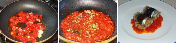 Tagliate a dadini i pomodori e scaldate l’aglio in una padella con un filo di olio, quindi passateli dentro molto velocemente con un pizzico di sale. Appena saranno caldi ed inizieranno a sciogliersi spegnete il fuoco e aggiungete il basilico lavato. Componete il piatto presentando gli involtini su un letto di pomodoro caldo.