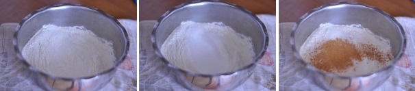 In una ciotola mettete la farina, lo zucchero e, se le usate, cannella o cacao amaro. Mescolate con una forchetta per amalgamare bene le farine.