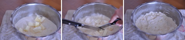 Aggiungete alla farina la margarina tagliata a cubetti e, aiutandovi con due coltelli, sbriciolate e incorporate gli ingredienti fino ad ottenere un composto “grumoso”.