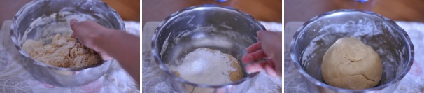 Cercate di lavorare il più possibile la pasta con la forchetta ma concludete il lavoro con le mani. Impastate con le mani infarinate fino ad avere un composto omogeneo, non colloso e elastico. Tenete la pasta frolla in frigorifero circa mezz’ora, avvolta nella pellicola da cucina, prima di utilizzarla per la vostra ricetta.