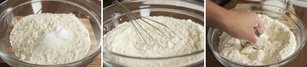 In una ciotola ampia mescolate la farina con il sale ed il bicarbonato, aggiungete poi lo strutto tagliato a pezzi, amalgamandolo con le mani.