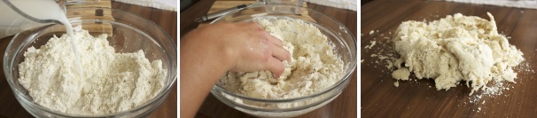 Aggiungete latte ed acqua a poco a poco, cominciando a creare un composto omogeneo, trasferitelo poi sul piano di lavoro e impastate.