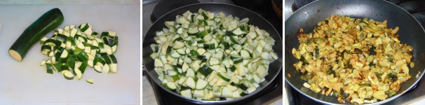 Lavate e pulite le zucchine, quindi tagliatele a piccoli dadini. Scaldate un po’ d’olio in una padella e quando sarà ben caldo cuoceteci le zucchine salandole leggermente e mescolando di tanto in tanto fino a che non saranno ben cotte e dorate.