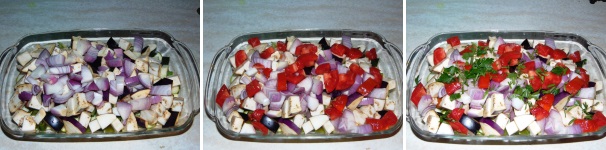 Pulite la cipolla e tagliatela grossolanamente, unitela alle verdure. Unite anche il pomodoro a dadini, il prezzemolo tritato ed il timo.