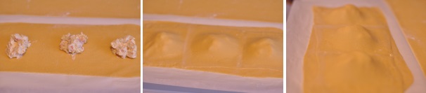 Nel primo strato di pasta, aiutandovi con la punta di un cucchiaio, porzioniate la crema di pesce lasciando qualche centimetro di distanza tra un ripieno e l’altro. Mettiamo la crema ben in mezzo perché il passaggio successivo è proprio chiudere la sfoglia su di sé. Con le dita premete bene per separare i vari ravioli.