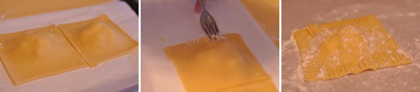 Ora che il raviolo ha preso la sua forma dobbiamo sigillarlo. Prima di tutto tagliamo i singoli ravioli e eliminiamo la parte di pasta in eccesso. Con un dito bagnato passiamo bene i bordi in modo da incollarli bene insieme. Se volete, con i rebbi di una forchetta potete sigillare i bordi e creare un motivo decorativo sul raviolo. Infarinate bene a lavoro completato. Cuocete i ravioli in acqua salata per circa 8-10 minuti (dipende dalla grandezza e dallo spessore della pasta) e conditeli con un filo di olio.