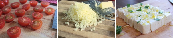 Tagliate i pomodorini a metà e conditeli con un filo d’olio ed un pizzico di sale. Grattugiate il formaggio fontina. Tagliate la feta a cubetti e conditela con basilico, olio, succo e scorza di limone.