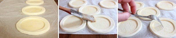 Sovrapponete sui cerchi interi i bordi ricavati e spennellate con altro latte; bucherellate la base con una forchetta.