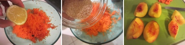 Lavate, pelate e grattuggiate le carote finemente. Aggiungete il succo di mezzo limone e un cucchiaio di zucchero grezzo. Mescolate e mettete da parte. Lavate, sbucciate e tagliate a pezzettini le pesche.