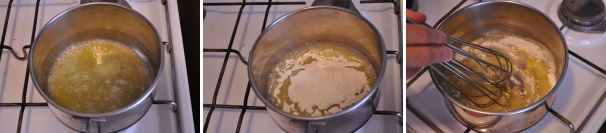 In un pentolino mettete a sciogliere la margarina. Aggiungete poi la farina e iniziate a mescolare con una frusta a mano. Salate, pepate e aggiungete la noce moscata. Non smettete mai di mescolare.