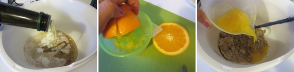 Aggiungete l’olio e il succo di arancia con la polpa. Mescolate per unire bene gli ingredienti.