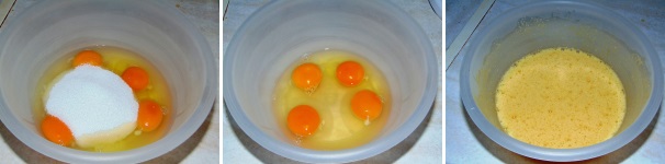 In una ciotola versate le uova intere e sbattetele vigorosamente con lo zucchero, unendo anche l’olio a filo.
 