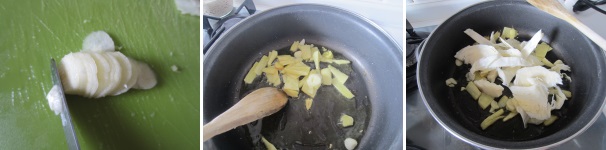 Tagliate l’aglio a fettine fini. Soffriggetelo insieme allo zenzero e aggiungete il cavolo.