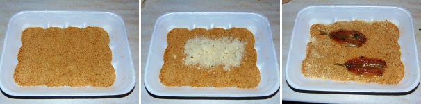In un recipiente piano mettete il pangrattato e il formaggio, quindi amalgamate tutto e passate alla panatura del pesce.
 