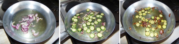 In una padella scaldate qualche cucchiaio di olio e rosolatevi la cipolla tagliata a listarelle. Unitevi le zucchine lavate e tagliate a rondelle. Fate cuocere il tutto a fuoco leggero.