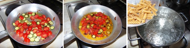 Lavate e dividete a metà i pomodori, aggiungeteli alle zucchine e salateli. Saltateli a fiamma alta e togliete dal fuoco. Cuocete la pasta in acqua abbondante e salata.