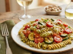 Piatto di fusilli integrali conditi con pomodori datterini, zucchine fresche e pesto di pistacchio su un tavolo rustico in legno.