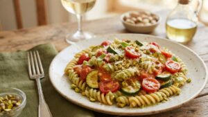Fusilli con pomodori datterini, zucchine e pistacchio Piatto di fusilli integrali conditi con pomodori datterini, zucchine fresche e pesto di pistacchio su un tavolo rustico in legno.