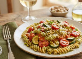 Piatto di fusilli integrali conditi con pomodori datterini, zucchine fresche e pesto di pistacchio su un tavolo rustico in legno.