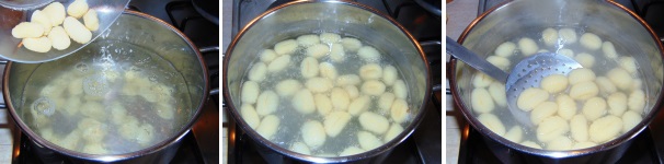 Cuocete gli gnocchi in acqua bollente e salata e non appena saliranno a galla fateli bollire ancora 60 secondi, dopodichè tirateli fuori con un mestolo forato trasferendoli nella padella con il sugo.