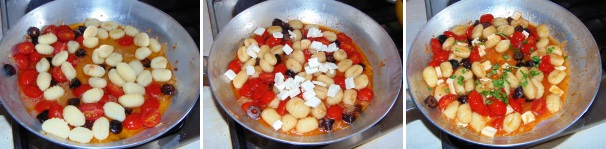 Aggiungete agli gnocchi qualche cucchiaio di acqua di cottura e lasciate che la assorbano. Spegnete il fuoco ed insaporite con la feta a dadini ed il prezzemolo tritato, infine servite in tavola il piatto ben caldo.
 