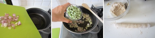 Soffriggete lo scalogno e l’aglio. Aggiungete i piselli e lasciateli cuocere sul fuoco basso per circa 10 minuti. Create un filoncino con l’impasto.
 