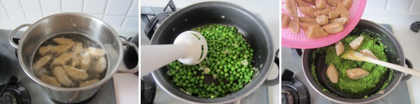 Gli gnocchi sono pronti dopo un minuto da quando iniziano a salire a galla. Scolateli e continuate a cuocere gli altri, sempre non troppi alla volta. Frullate i piselli con miniprimer fino ad ottenere un patè denso. Unite gli gnocchi al patè e mescolate delicatamente. Servite caldi.