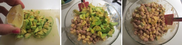 Tagliate l’avocado a cubetti e spruzzate con limone. Aggiungete all’insalata e mescolate. Aggiungete se necessario altro sale e limone. Servite l’insalata ben fredda.