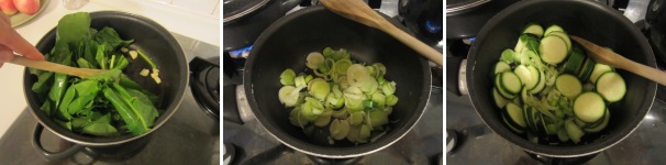 Lavate le foglie di bietola e tagliatele grossolamente. Soffriggete l’aglio in una padella con un po’ di olio e aggiungete le foglie di bietola. Mescolate e cuocete a fuoco medio per 5 minuti, poi lasciate raffreddare. Lavate il porro, tagliatelo e soffriggetelo. Aggiungete le zucchine tagliate a fettine. Mescolate e cuocete con il coperchio per 10 minuti.
 