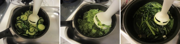 Tritate con un minipimer le zucchine per ottenere una consistenza densa e compatta. Tritate anche le bietole.
 