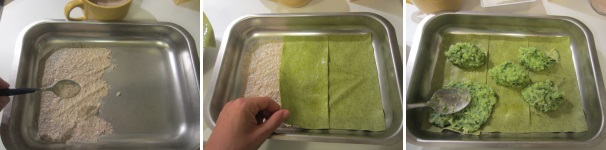 Spalmate il fondo di una teglia con la besciamella integrale. Mettete sopra il primo strato di lasagne. Spalmate sopra le zucchine con i porri.