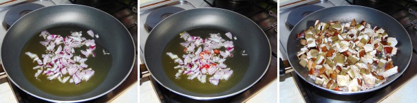 Tritate finemente la cipolla e fatela rosolare insieme al peperoncino in una padella con dell’olio, dopodiché unite i funghi tagliati a dadini.
 