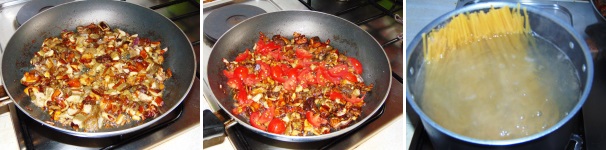 Una volta che i funghi si saranno ammorbiditi e lievemente dorati, aggiungete i pomodorini a pezzettini, salate, saltate bene e successivamente spegnete il fuoco. Cuocete le linguine in abbondante acqua salata.
 